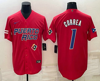 Men%27s Puerto Rico Baseball #1 Carlos Correa 2023 Red World Baseball Classic Stitched Jersey